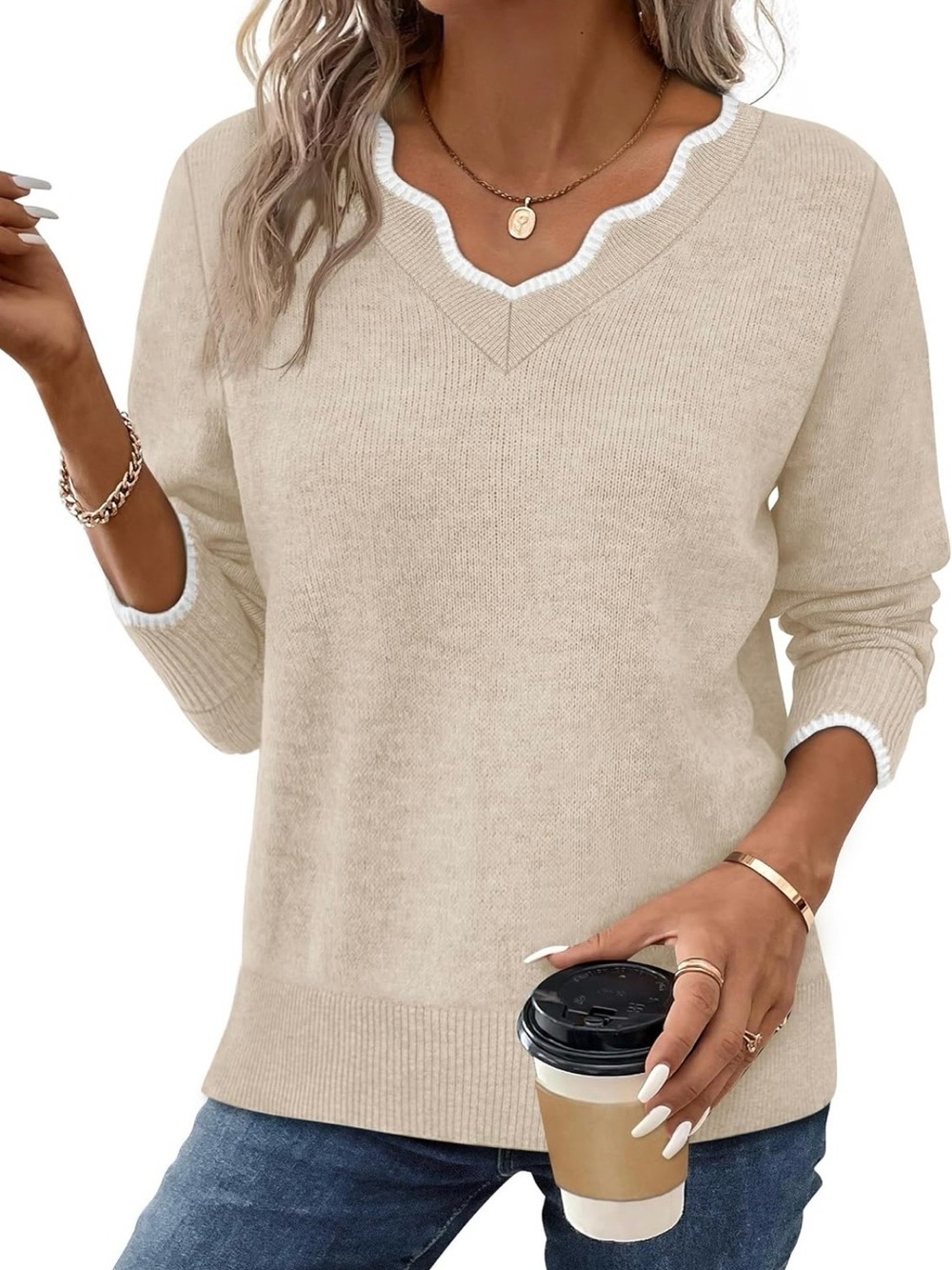 Scallop V-Neck Cream Tan Sweater with White Contrast - Women NEW XL
